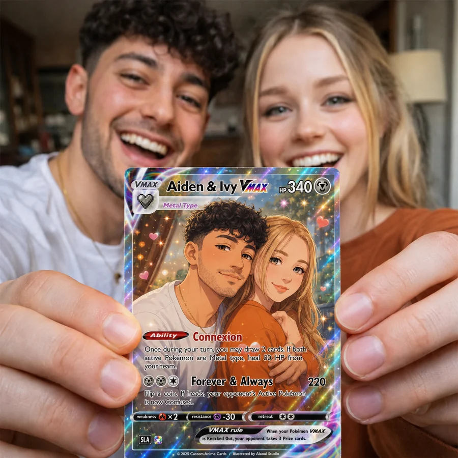 Couple holding their personalized anime VMAX card