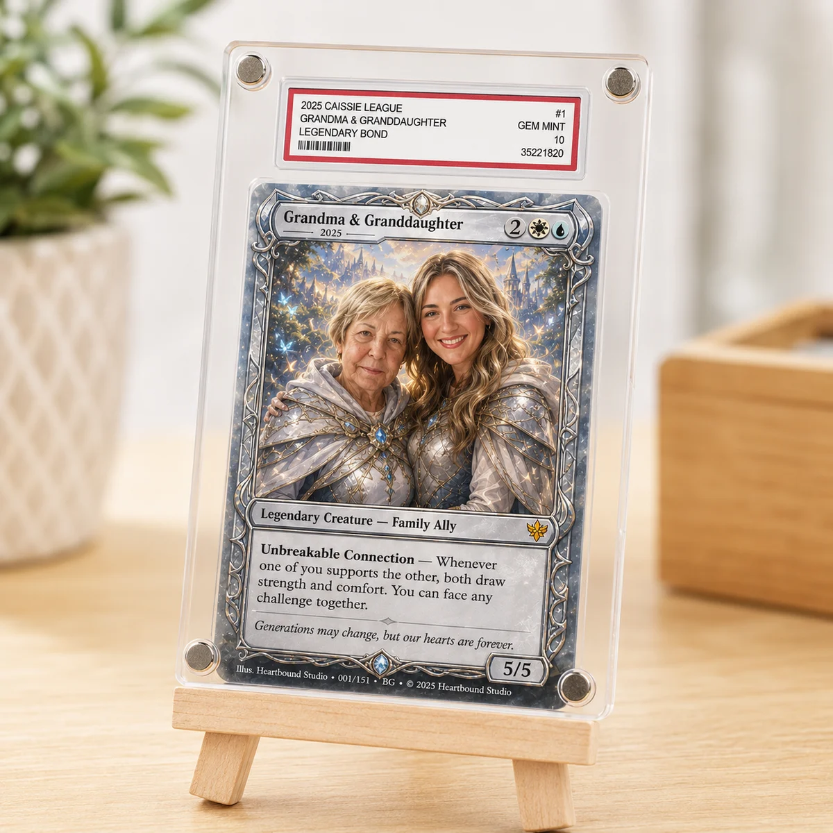Fantasy card in a display case on a stand