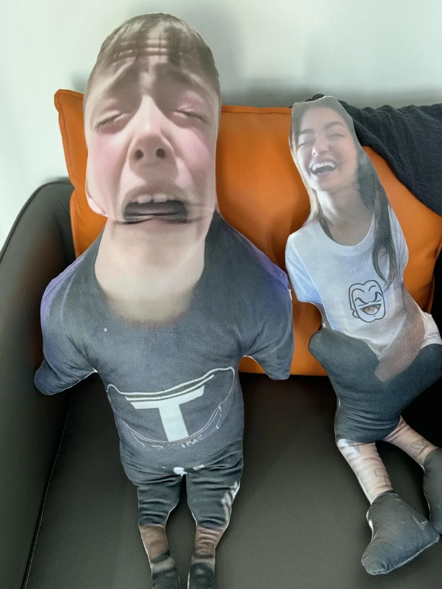 Funny face pillows on a couch