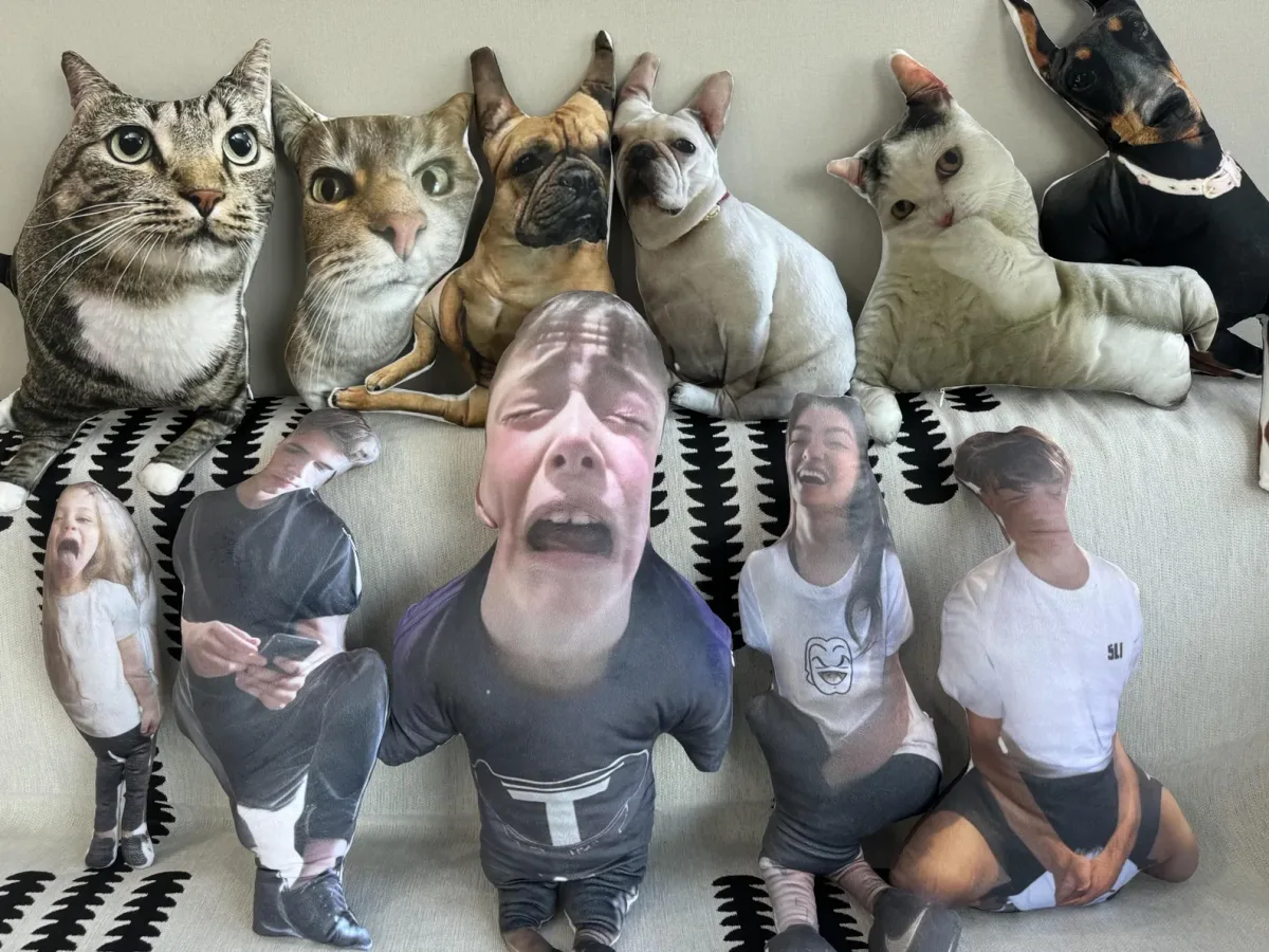 A pile of custom pet and face pillows